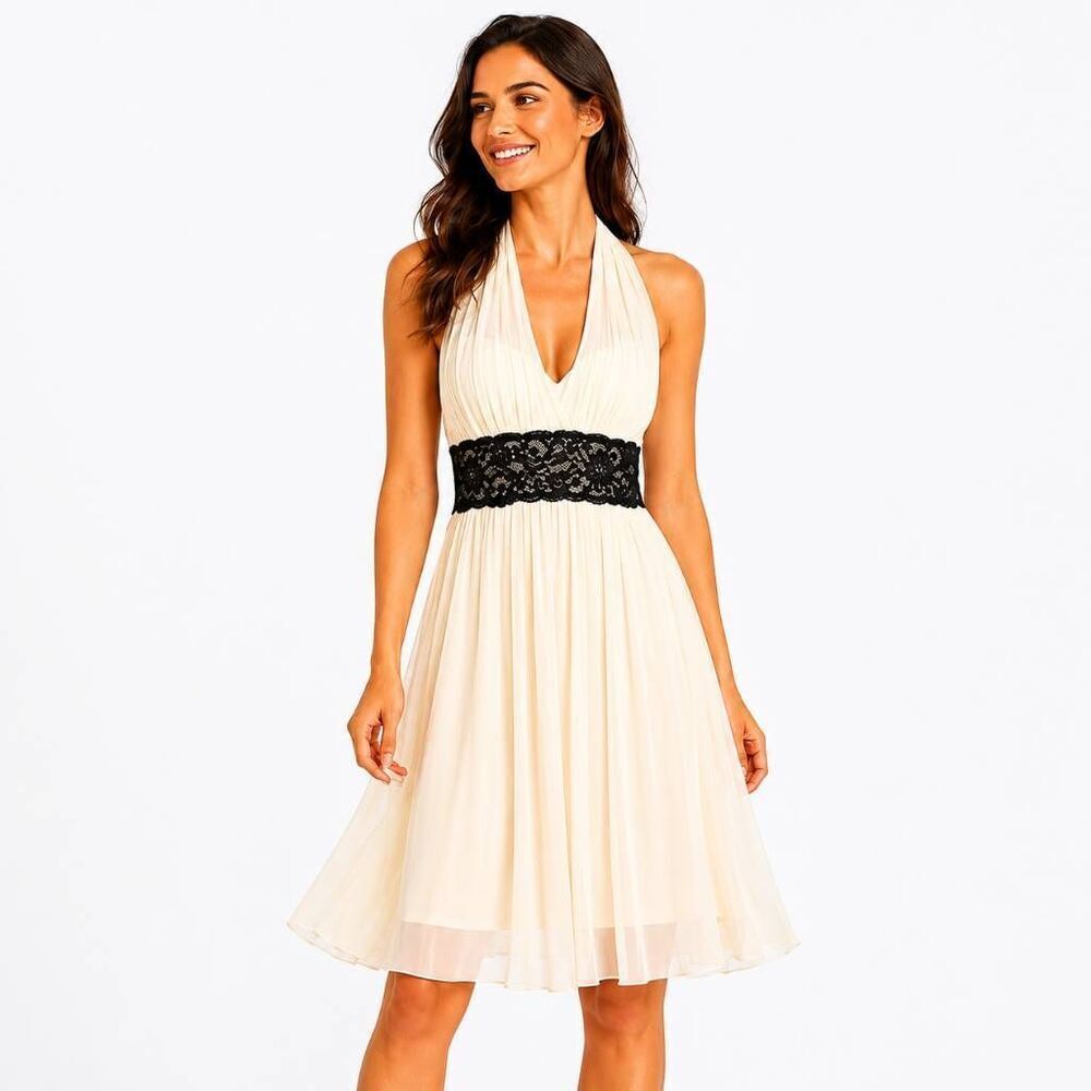 Body Central Ivory Halter Dress Black Lace Waist S
